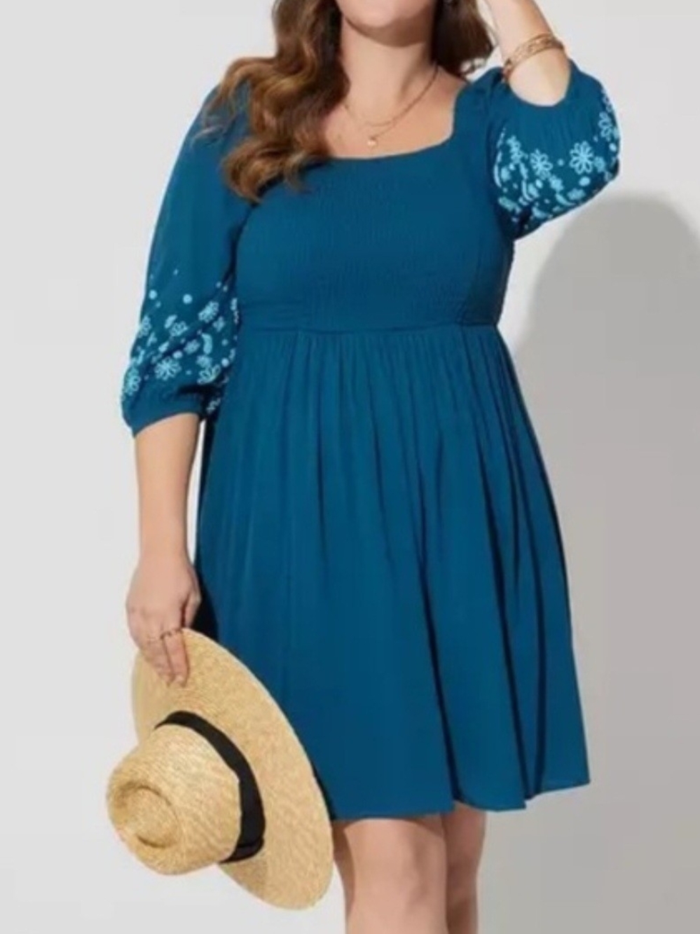 Torrid Sz 2 Teal Square-Neck Midi Dress with Embroidered Sleeves